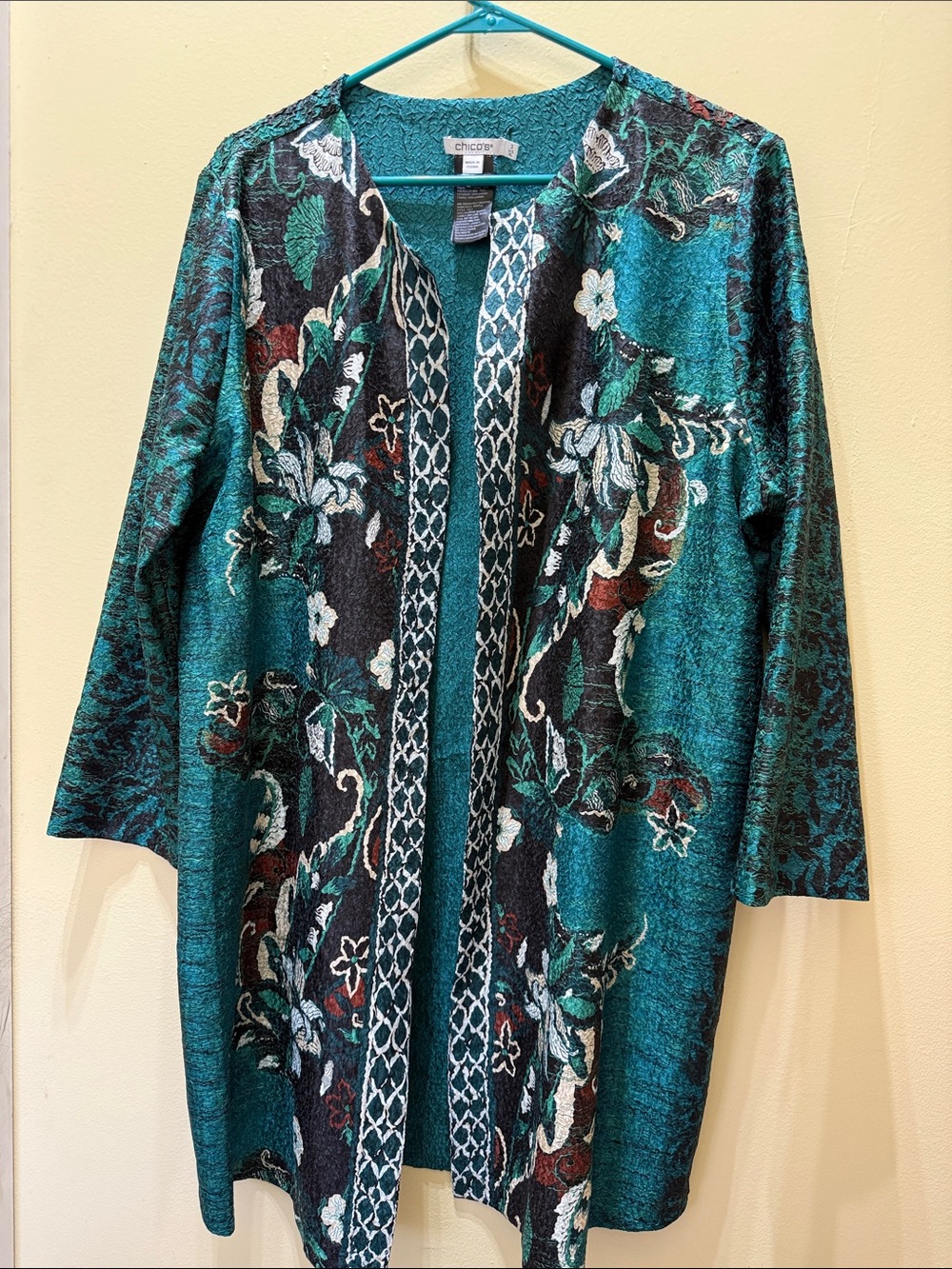Chico's Teal and Black Floral Jacquard Open Cardigan